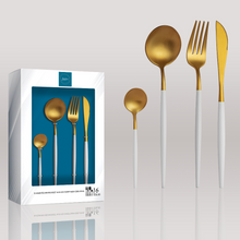 Lade das Bild in den Galerie-Viewer, Besteck-Set "Lorient" aus Edelstahl mit weißem Griff Matt & Gold | 16er Set