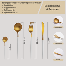 Lade das Bild in den Galerie-Viewer, Besteck-Set "Lorient" aus Edelstahl mit weißem Griff Matt & Gold | 16er Set