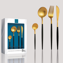 Lade das Bild in den Galerie-Viewer, Besteck-Set "Vannes" aus Edelstahl mit schwarzem Griff Matt & Gold | 16er Set