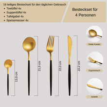 Lade das Bild in den Galerie-Viewer, Besteck-Set "Vannes" aus Edelstahl mit schwarzem Griff Matt & Gold | 16er Set