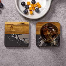 Lade das Bild in den Galerie-Viewer, Untersetzer "Thasos" aus schwarzem Marmor & Akazienholz 9 cm | 4er Set
