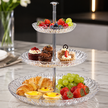 Lade das Bild in den Galerie-Viewer, Transparente Polycarbonat-Etagere mit Croissants, Obst und Desserts auf einem gedeckten Frühstückstisch.