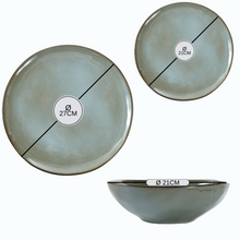 Lade das Bild in den Galerie-Viewer, Keramik Tellerset „Salisbury“ in Grau, Draufsicht auf Speiseteller, Pastateller und Frühstücksteller