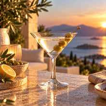 Lade das Bild in den Galerie-Viewer, OONYQ Crystal Martini 295 ml – bruchsicheres Martiniglas aus Tritan mit Martini und Oliven bei Sonnenuntergang