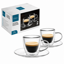 Lade das Bild in den Galerie-Viewer, Verpackung des Kadum Thermoglas Triest 2er-Set mit zwei doppelwandigen Espressogläsern und Untertassen