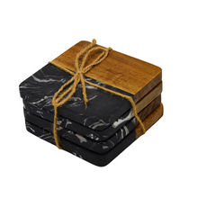 Lade das Bild in den Galerie-Viewer, Untersetzer "Thasos" aus schwarzem Marmor & Akazienholz 9 cm | 4er Set