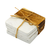 Lade das Bild in den Galerie-Viewer, Untersetzer "Penteli" aus weißem Marmor & Akazienholz 9 cm | 4er Set