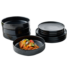 Lade das Bild in den Galerie-Viewer, Keramik Tellerset „Goma“ 12-teilig, schwarze Teller in verschiedenen Größen, glänzende Glasur