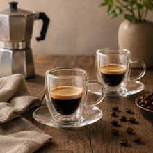Lade das Bild in den Galerie-Viewer, Zwei doppelwandige Espressogläser Triest mit Espresso neben Mokkakanne und Kaffeebohnen auf Holztisch
