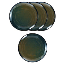 Lade das Bild in den Galerie-Viewer, Set aus vier Kadum Speisetellern Ø 26 cm, handbemalt im Blau-Grün-Gold-Design.
