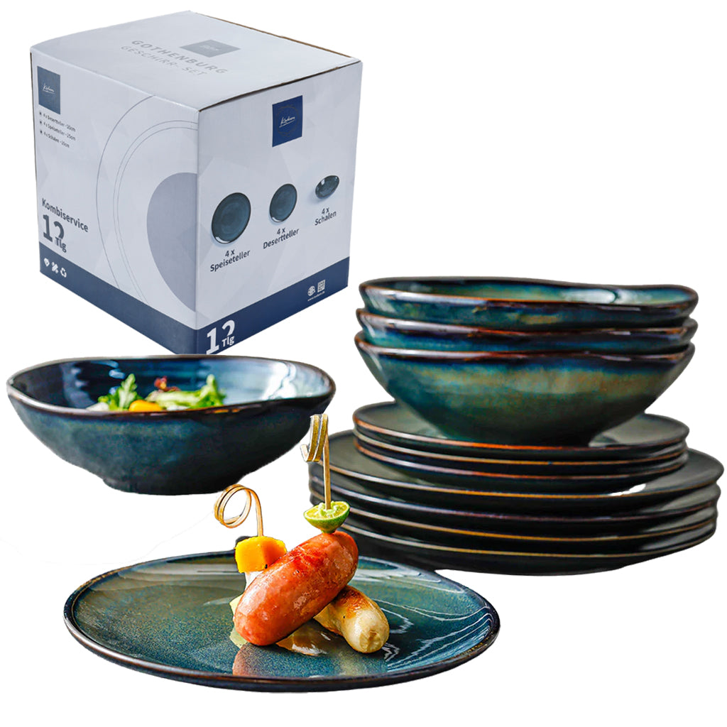 Keramik Tellerset „Gothenburg“ 12-teilig in Grün-Blau mit Verpackung, mediterraner Stil