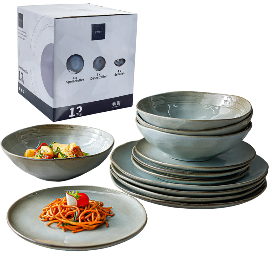 Keramik Tellerset „Salisbury“ 12-teilig in Grau mit Verpackung, Speiseteller, Pastateller und Frühstücksteller