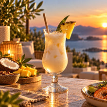 Lade das Bild in den Galerie-Viewer, OONYQ Crystal Hurricane 335 ml – bruchsicheres Cocktailglas aus Tritan mit Piña Colada im Abendlicht
