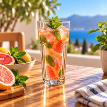 Lade das Bild in den Galerie-Viewer, OONYQ Essential Longdrink 540 ml – bruchsicheres Longdrinkglas aus Tritan mit Grapefruit-Drink auf der Terrasse
