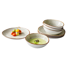 Lade das Bild in den Galerie-Viewer, Frühstücksteller Ø 21 cm &amp; Schüssel Ø 15 cm aus Keramik – Potosi Creme, handbemalt
