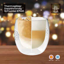 Lade das Bild in den Galerie-Viewer, Infografik zum Thermoglas Nizza: doppelwandiger Aufbau mit Schwebe-Effekt, dargestellt an einem Latte Macchiato
