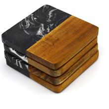 Lade das Bild in den Galerie-Viewer, Untersetzer &quot;Thasos&quot; aus schwarzem Marmor &amp; Akazienholz 9 cm | 4er Set
