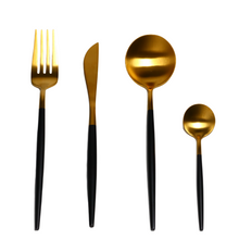 Lade das Bild in den Galerie-Viewer, Besteck-Set &quot;Vannes&quot; aus Edelstahl mit schwarzem Griff Matt &amp; Gold | 16er Set

