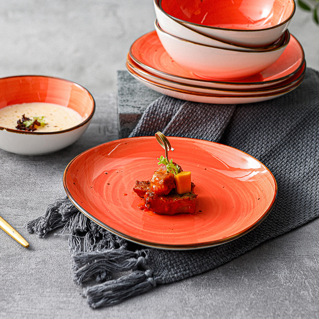 Keramik Vorspeisenteller Ø 21 cm in Papaya-Orange, serviert mit Dessert